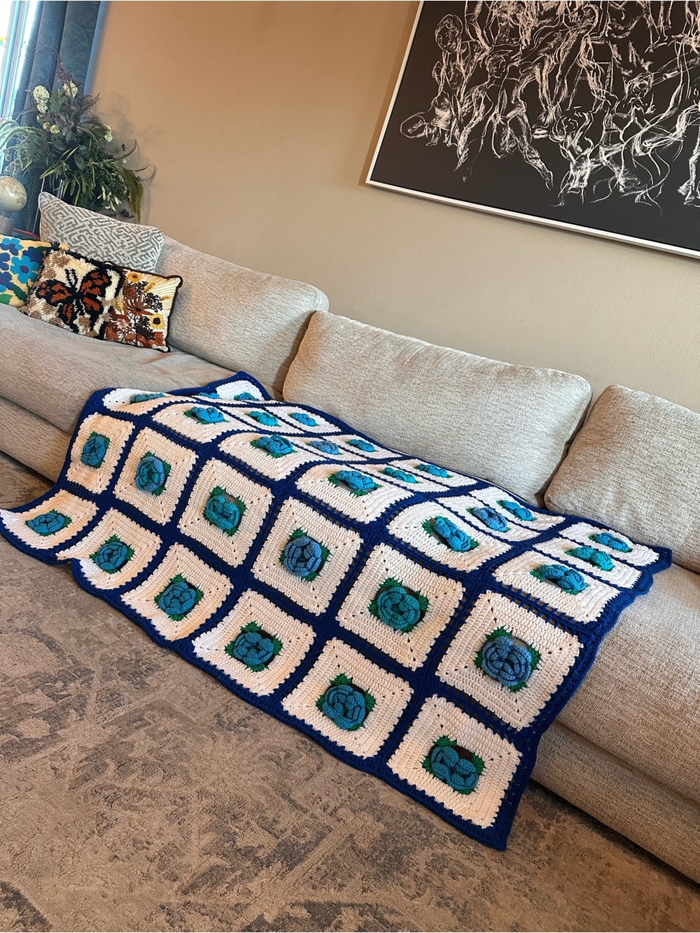 3D Rose Crochet Granny Square Afghan 60x48 of BEAUTY!!!